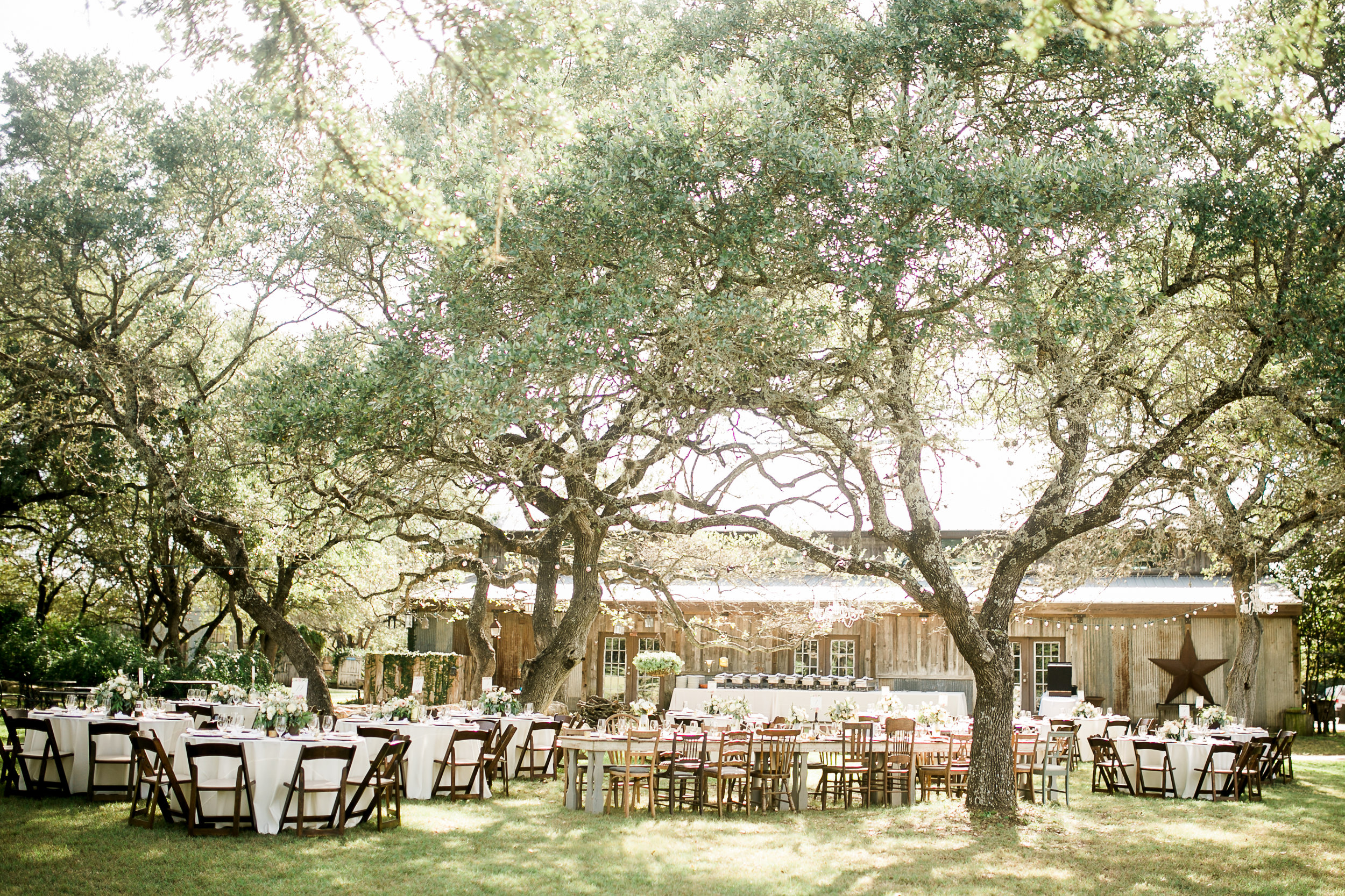 Elegantly set outdoor wedding reception under live oak trees — the kind of event execution that defines a Weddings by Wendi partnership