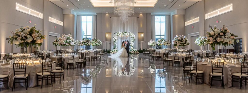 Full Wedding Planning - Weddings By Wendi a beautifully arranged wedding scene in a modern dallas venue, featuring a joyful couple exchanging vows while a professional photographer captures the moment, surrounded by elegantly decorated tables and minimalist decor that conveys an atmosphere of sophistication and celebration.