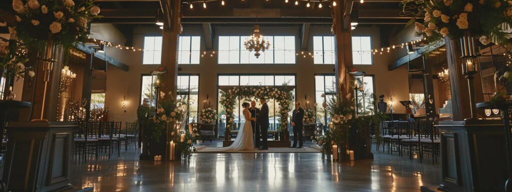a chic dallas wedding venue adorned with elegant decorations and an artistically positioned photographer capturing a joyful couple exchanging vows, illuminated by soft indoor lighting for an intimate atmosphere.