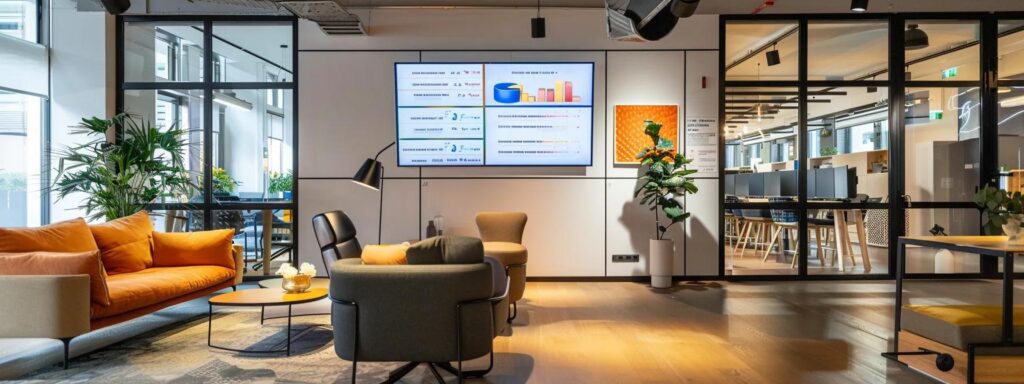 Full Wedding Planning - Weddings By Wendi a sleek, modern office space showcases a large digital screen displaying a vibrant infographic comparing various wedding photography packages, with elegant furniture and stylish decor enhancing the professional atmosphere.