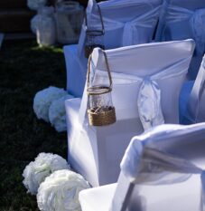 white flowers and chairs are lined up on the grass