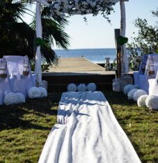 an outdoor wedding setup with white linens and flowers