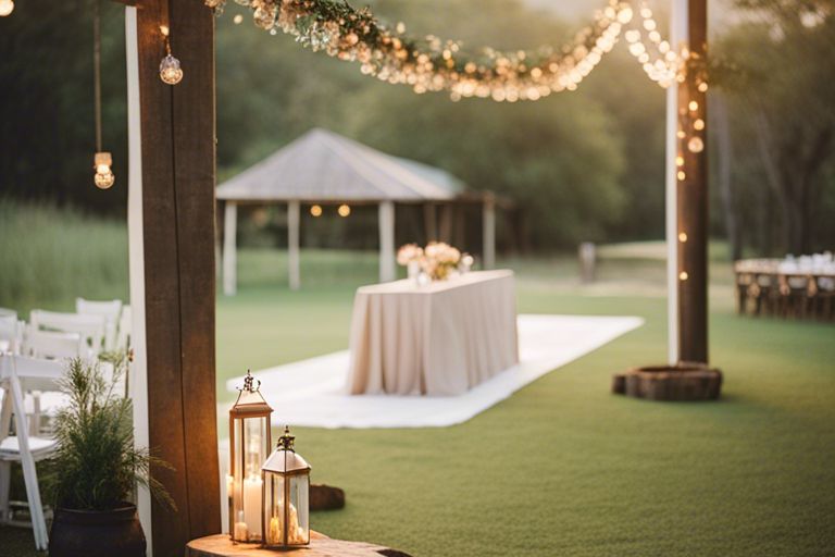 an outdoor wedding setup with lanterns and chairs