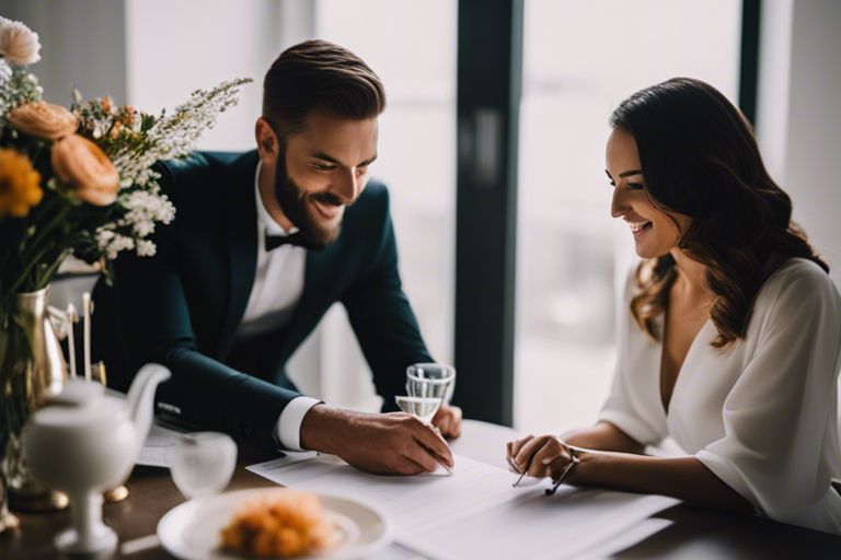 a man and a woman signing a document at a table