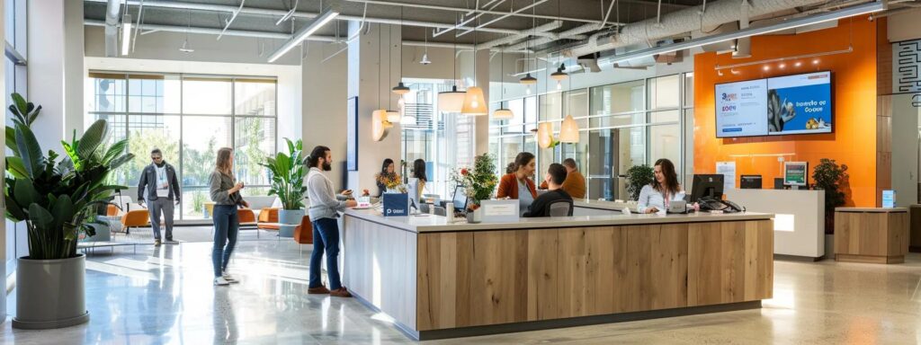 Full Wedding Planning - Weddings By Wendi a modern, bustling office space in houston, where couples engage with a friendly clerk at a sleek counter, surrounded by informative brochures and digital screens detailing the marriage license application process.