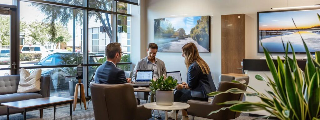 Full Wedding Planning - Weddings By Wendi a modern office setting features a couple engaged in a consultation with a knowledgeable wedding planner, surrounded by brochures and resources highlighting the marriage license process in houston.