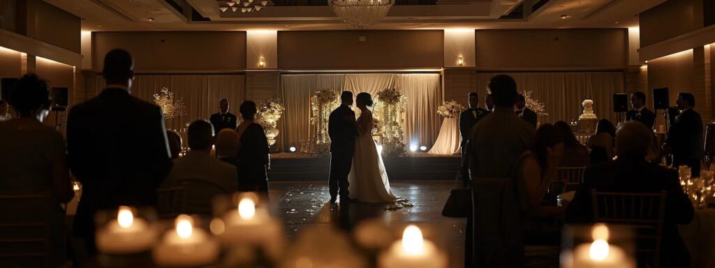 Full Wedding Planning - Weddings By Wendi a poised wedding photographer captures heartfelt moments between a couple during their ceremony in an elegantly decorated indoor venue, surrounded by soft ambient lighting and testimonials from delighted guests displayed nearby.