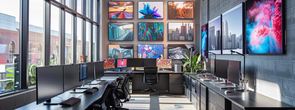 a sleek, modern office space is filled with vibrant, high-resolution digital images displayed on sleek monitors alongside elegantly arranged photo albums and canvas prints, emphasizing the versatility of digital image delivery and print options.