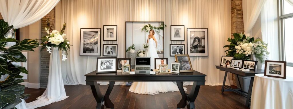Full Wedding Planning - Weddings By Wendi a sophisticated wedding photography studio in dallas, tx, showcasing elegantly displayed framed photos of diverse wedding styles and a sleek portfolio table with a laptop illustrating the various photography packages available.