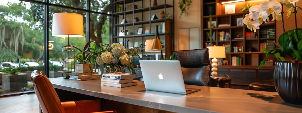 a stylish san antonio wedding venue adorned with elegant decor, featuring a creatively staged consultation between a discerning couple and a professional photographer, emphasizing their engaging portfolio displayed on a sleek laptop in an inviting and modern office setting.