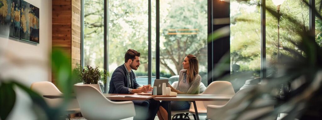 Full Wedding Planning - Weddings By Wendi a stylish wedding planning consultation takes place in a modern dallas office, with a couple engaged in a lively discussion over a portfolio of stunning wedding photographs displayed on a sleek table.