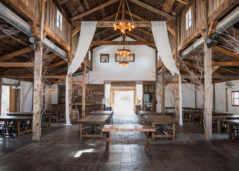 a room with tables and benches