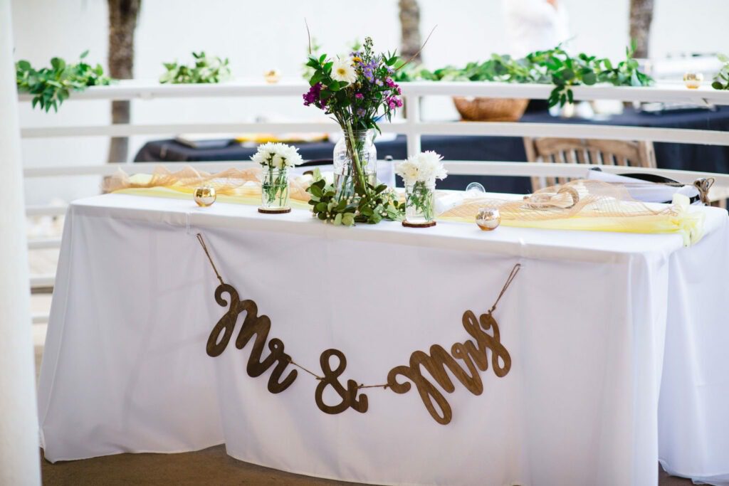 the table is set up for a wedding reception